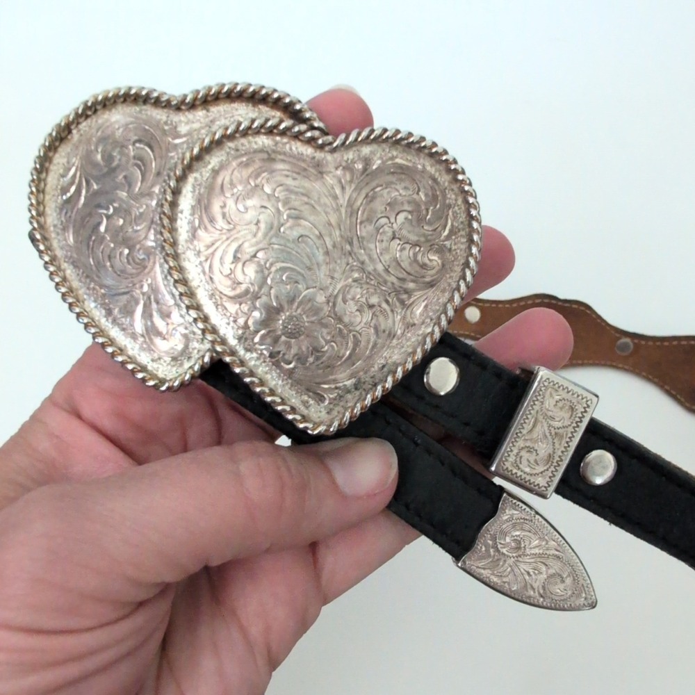 Montana Silversmiths Black Leather Western Belt Heart Silver Plate 27-30 HEAVY - Picture 2 of 9